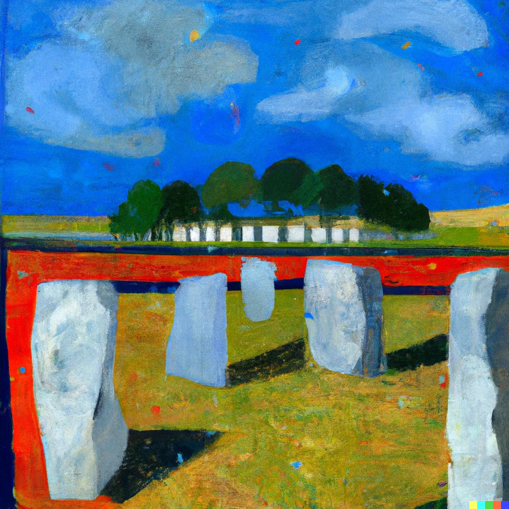 Prompt: A landscape painting of Avebury Henge by Mondrian