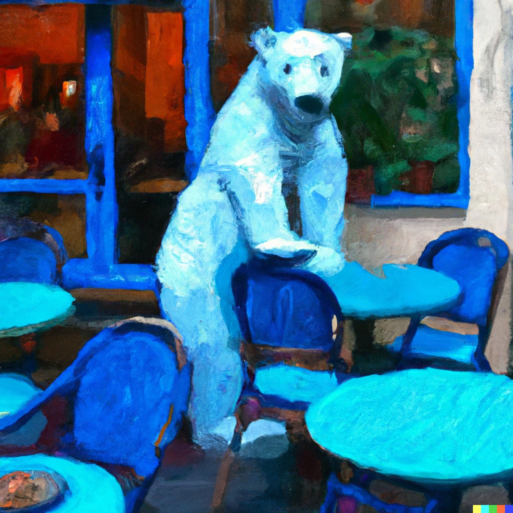 Prompt: An impressionist painting of a polar bear sitting at a table outside a cafe in Paris 