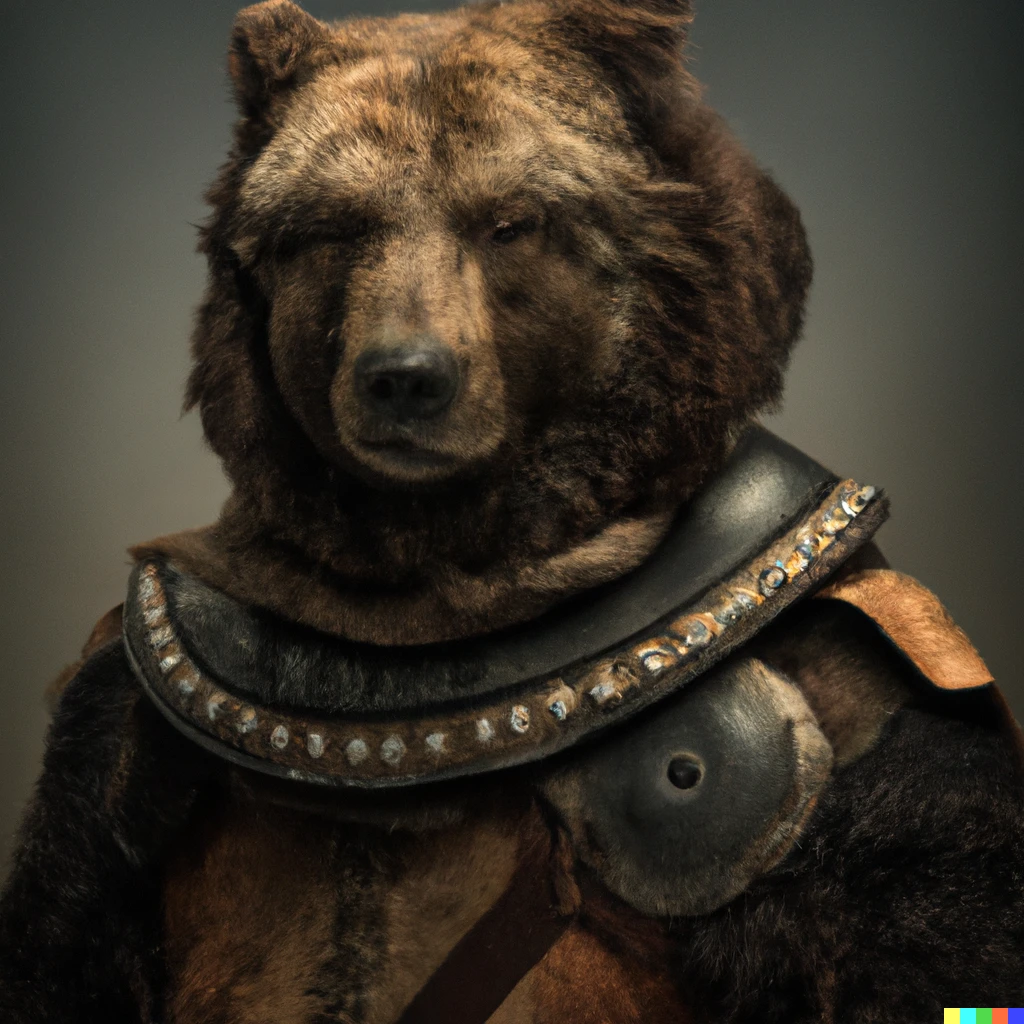 Prompt: A Renaissance  portrait  of a brown bear dressed as a Mad Max warlord 