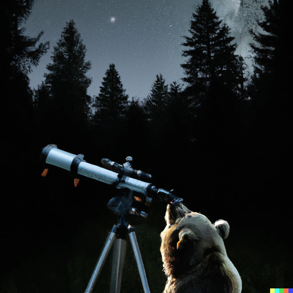 Prompt: A photograph of a bear is standing in a moonlit forest looking up at the stars through a telescope