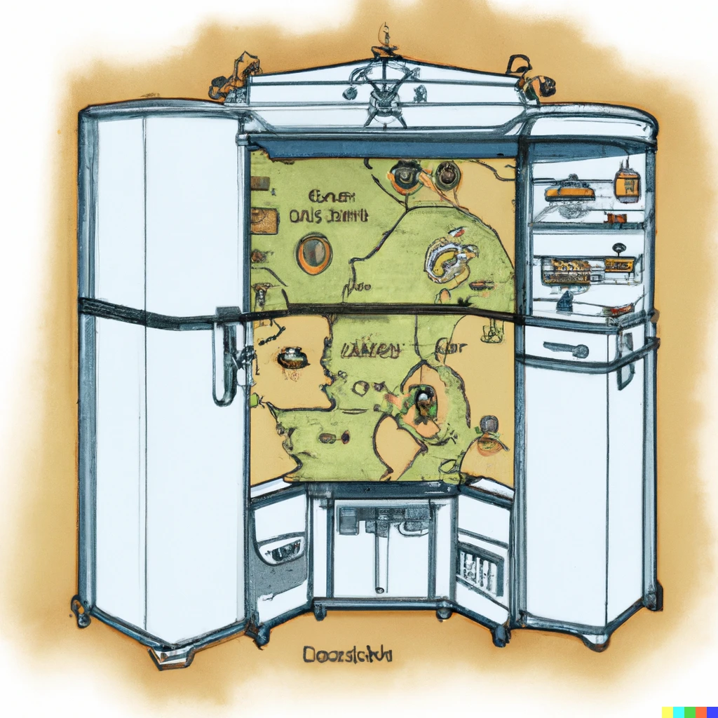 Prompt: A renaissance map of the inside of a fridge