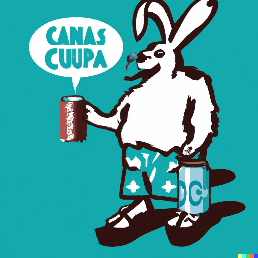 Prompt: Floating socks and sandals. A humanoid rabbit holds up a can of cheap Cola. Lithuanian text.