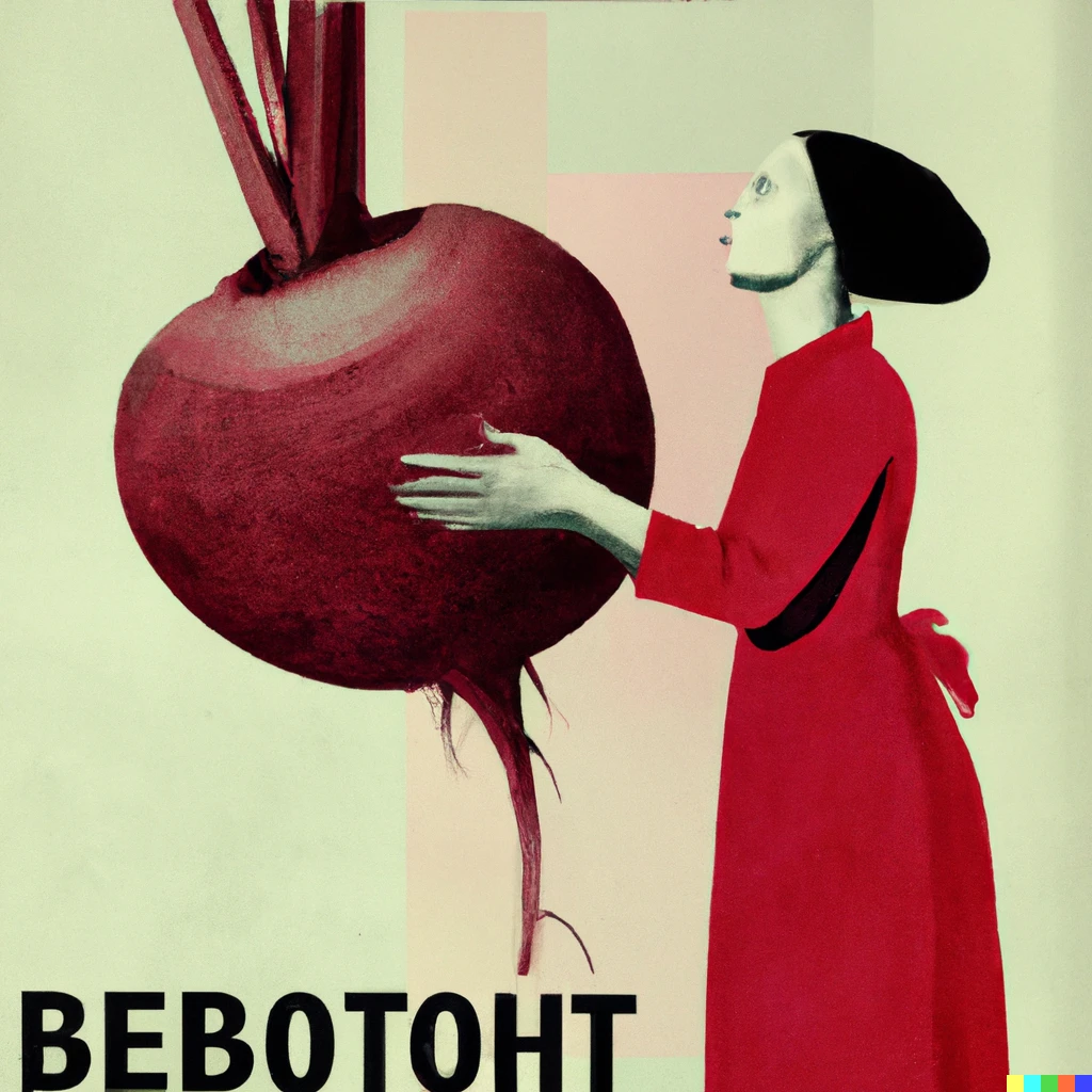 Prompt: Woman holding a huge beetroot. El Lissitzky Soviet propaganda poster.