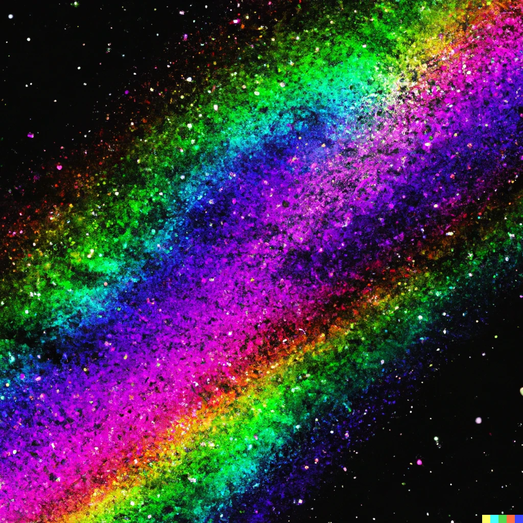 Prompt: Chromatic hyper-real Neon Rainbow in Pixel Space full of black purple and blue stars and galaxies only a madman would dream of