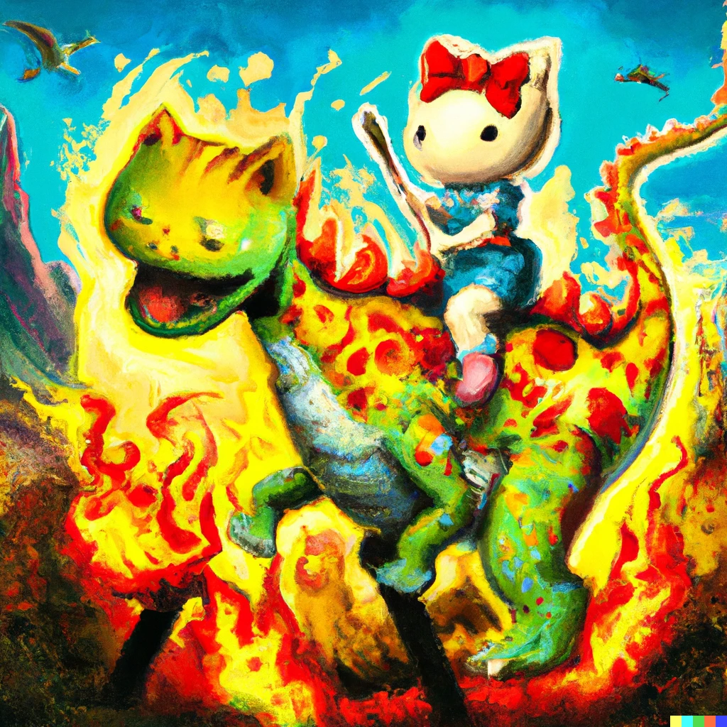 Prompt: Van goh painting Hello kitty riding a dinosaur on fire 