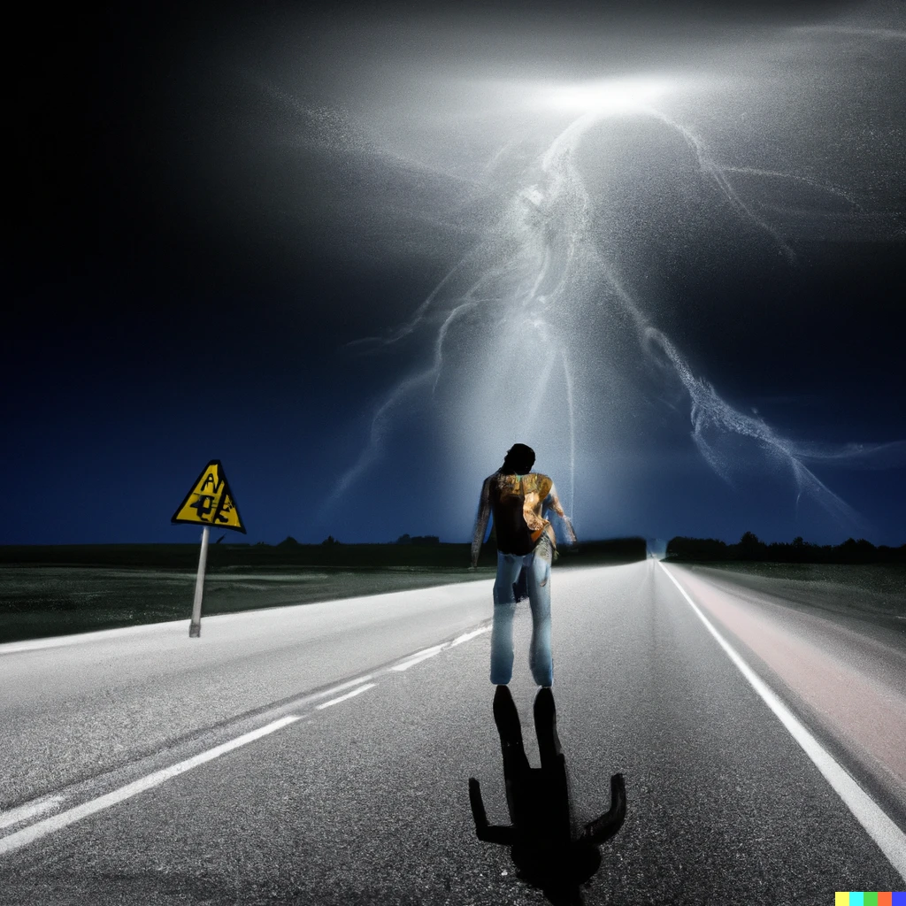 Prompt: Hitchhiker on empty highway with lightning in the distance