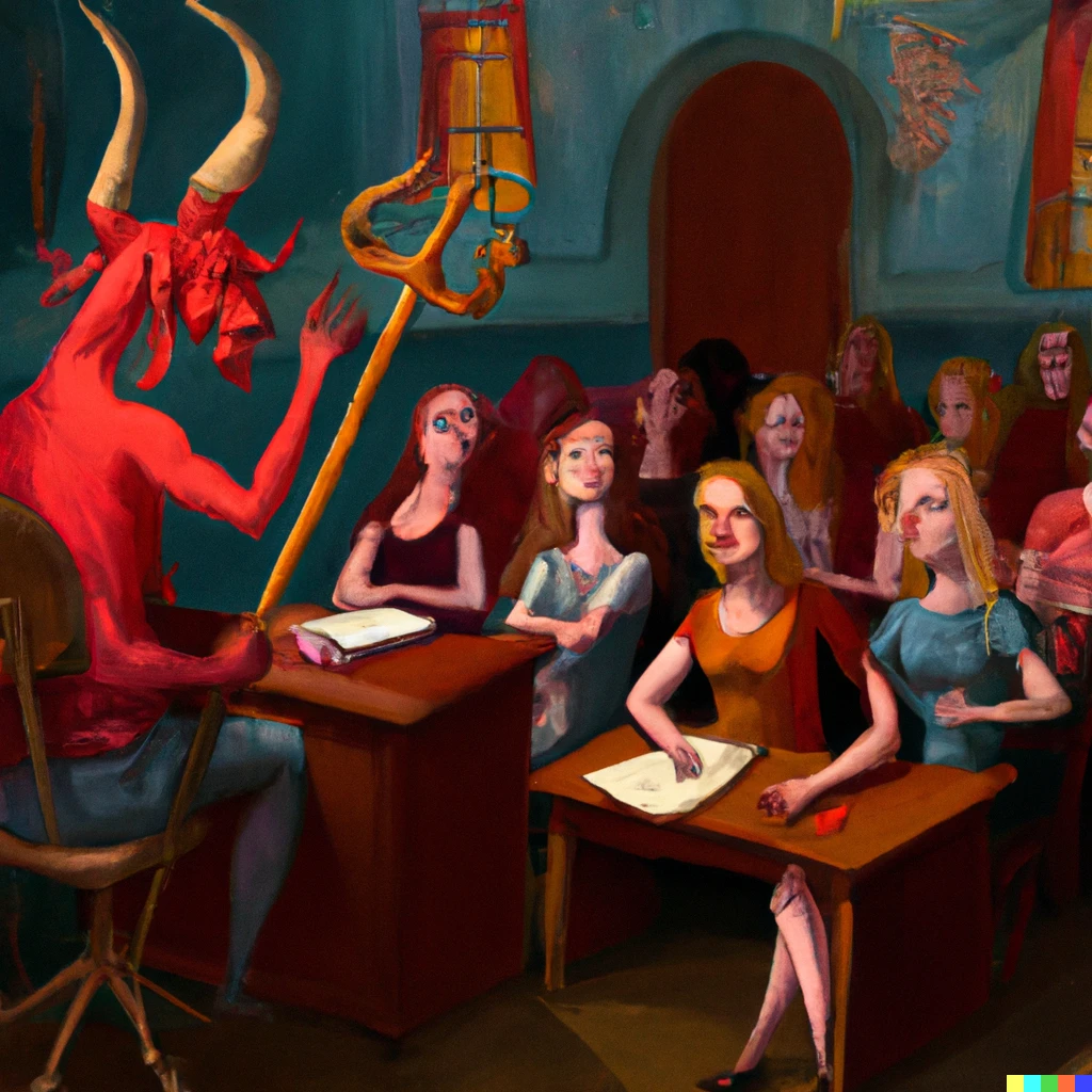 Prompt: the devil lecturing a group of women in a classroom, digital art