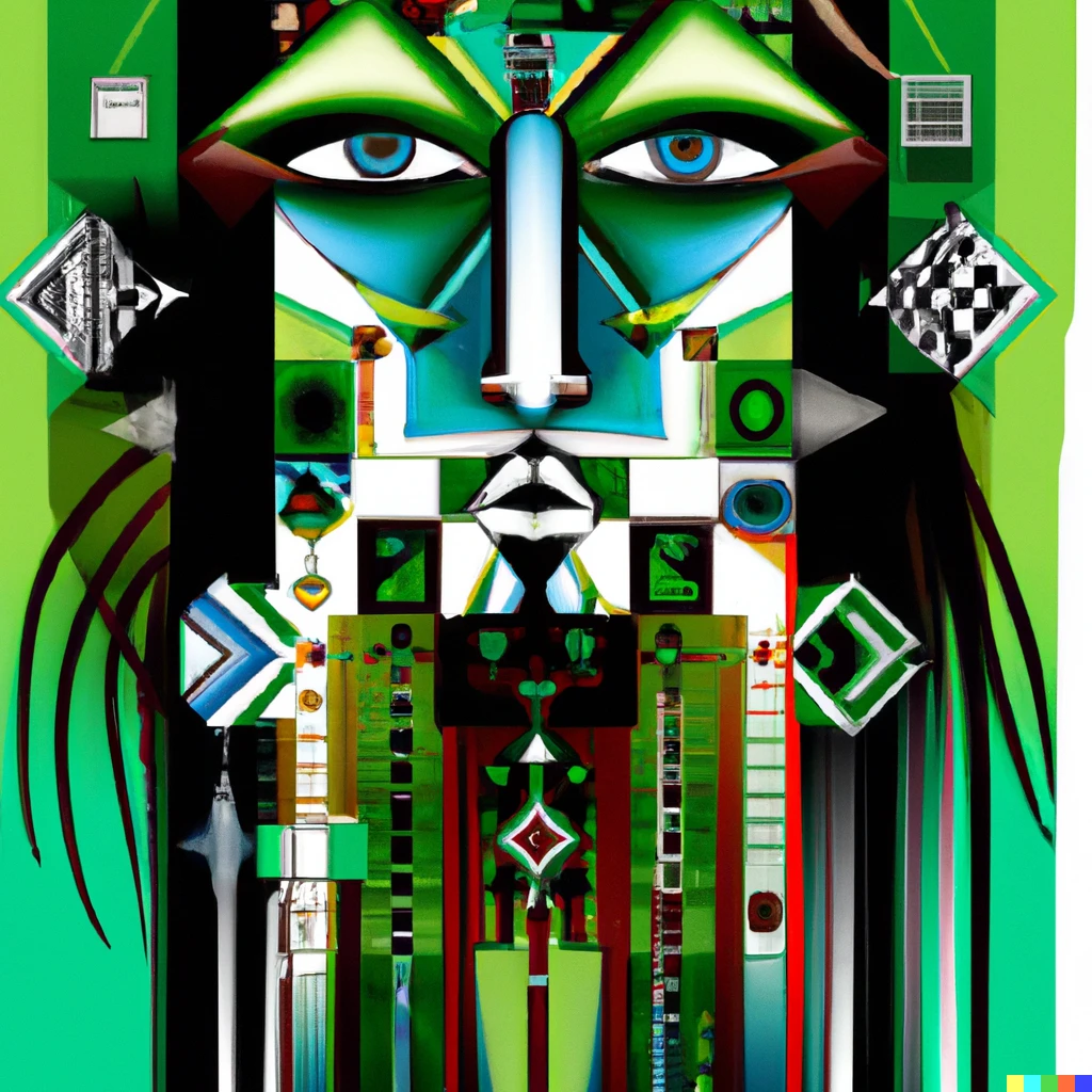 Prompt: an abstract painting of a face showing elements of pixel art, sacred geometry, mossy raised lettering, modern cubism, biomechanics