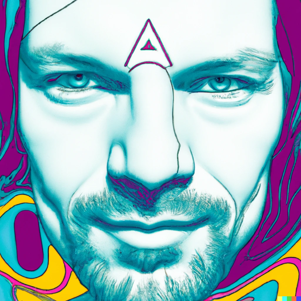 Prompt: a magazine photo of Richard D James from Aphex Twin in the art style of Alex Grey