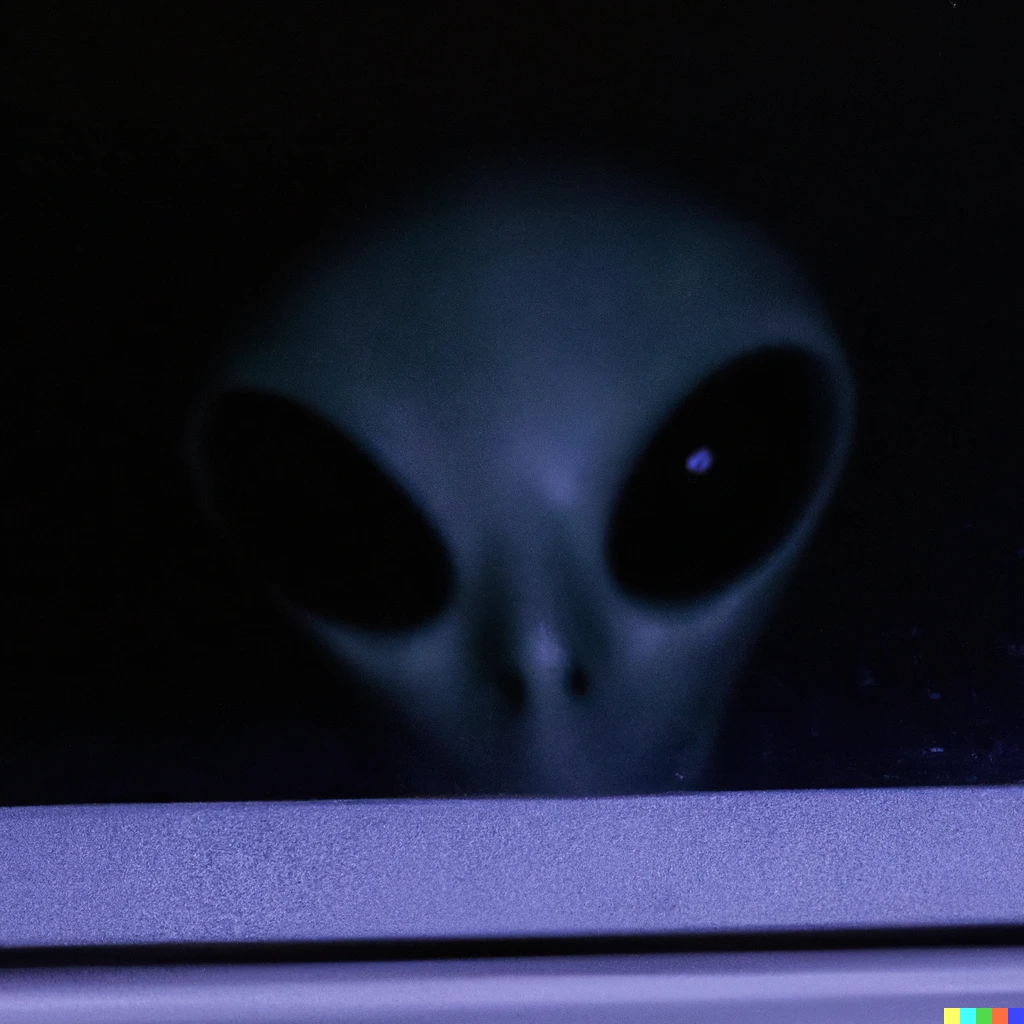 Prompt: a photo of a grey alien with large black eyes peaking through a window at night