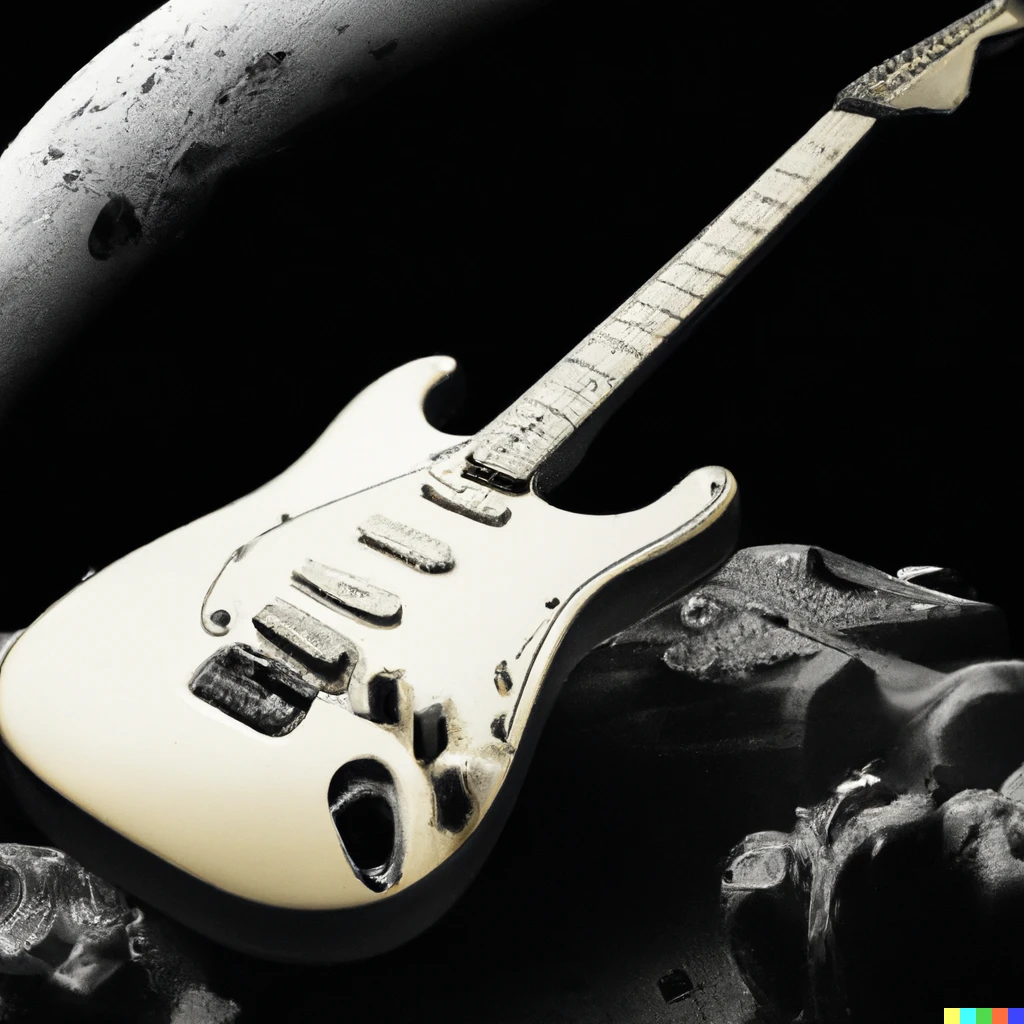Prompt: realistic photo of stratocaster electric guitar on the moon in 1970's | 101