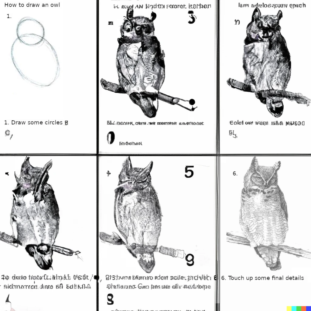 Prompt: How to draw an owl in 6 steps