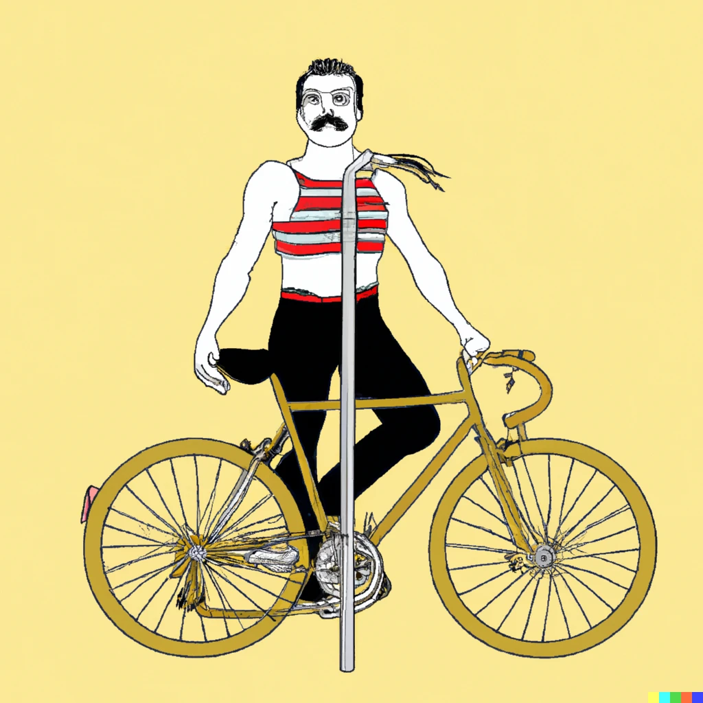 Prompt: Freddy Mercury want to ride his bicycle. 