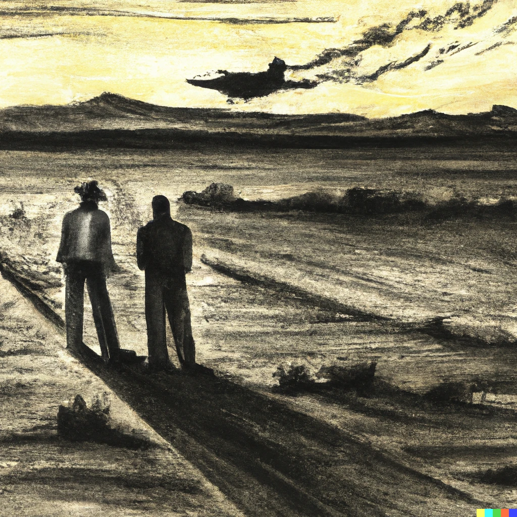 Prompt: An intricate charcoal drawing of Gus Fring and Walter White in a Mexican standoff situation in the desert at sunrise. There's a plane flying overhead and smoke rising in the distance.