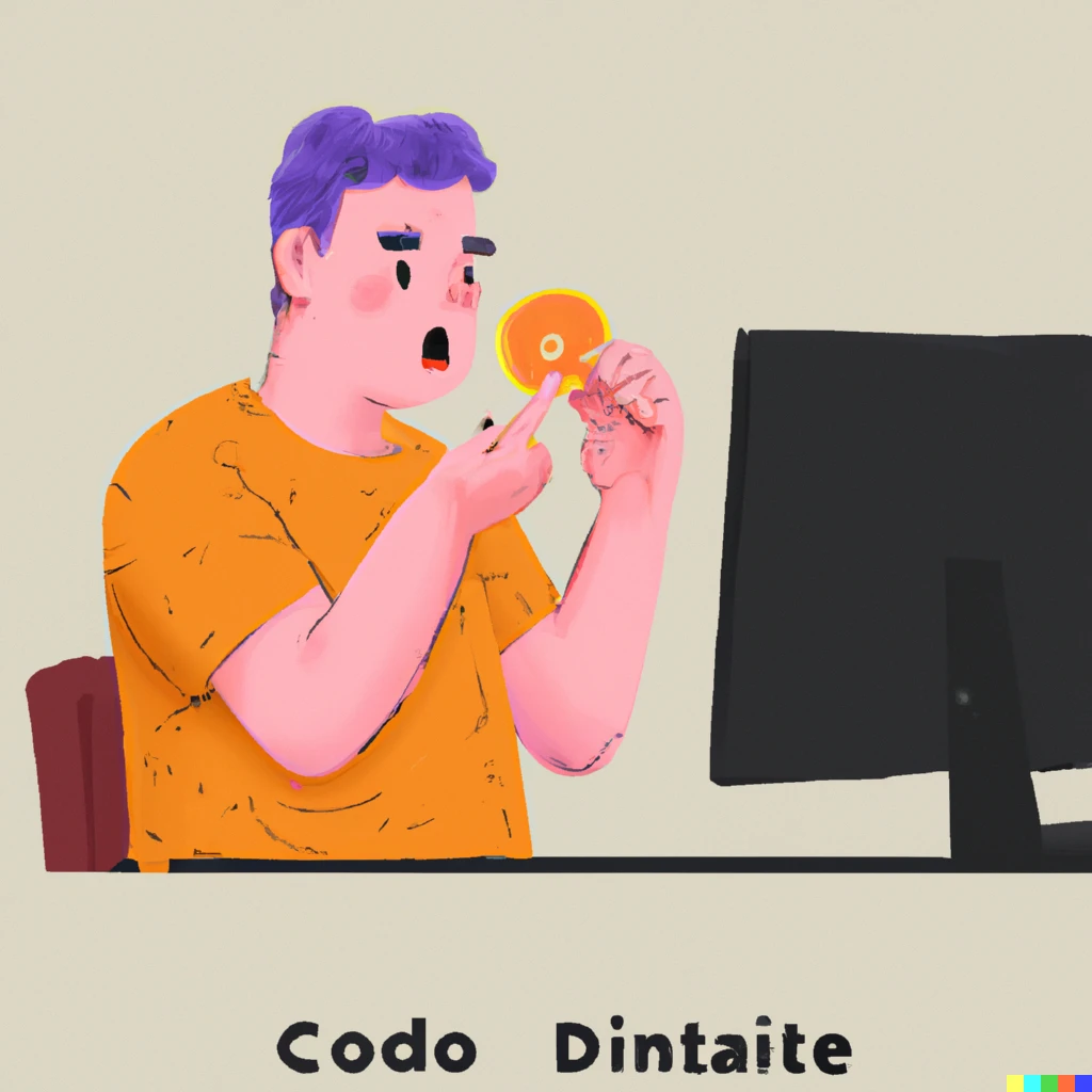 Prompt: a man eats an orange without stringy parts, while teaching people how to use no-code tools, digital art