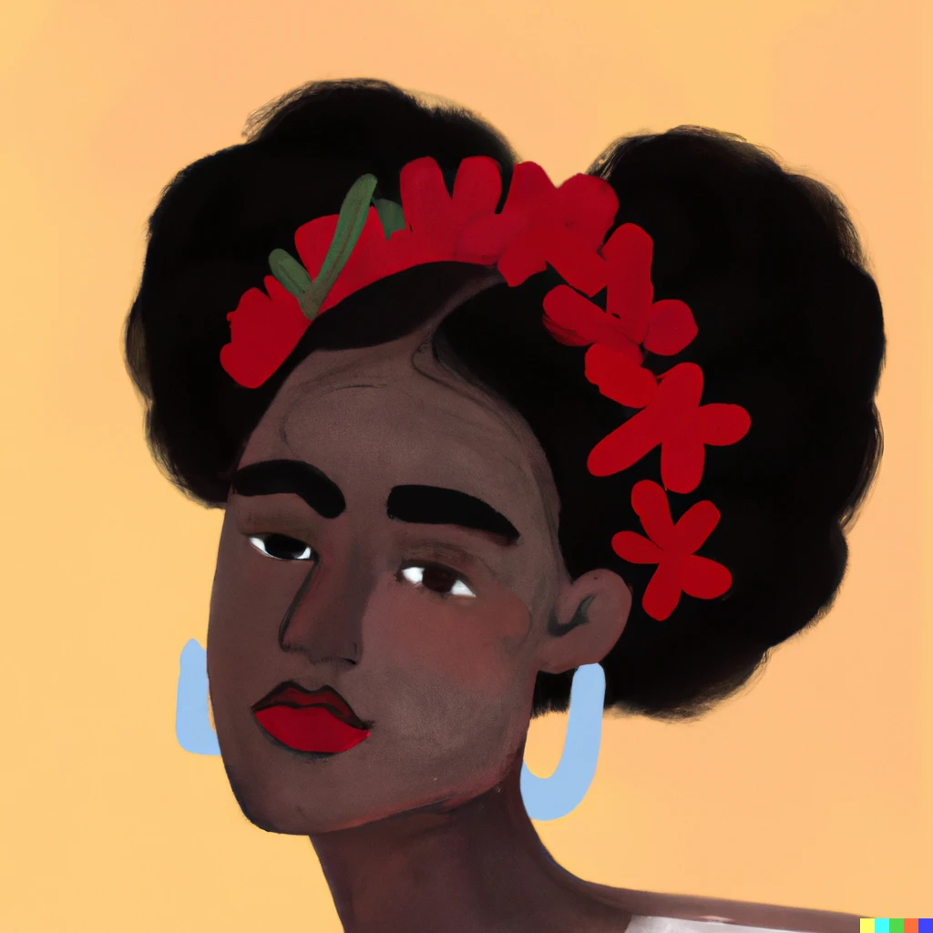 Prompt: A painting of a black woman with natural hair in the style of frida khalo