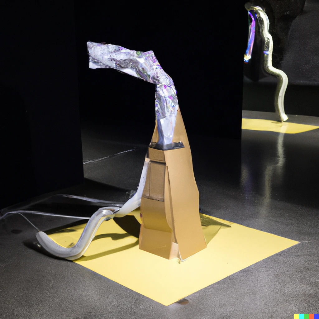 Prompt: A vacuum cleaner made from cardboard and duct tape. Museum exhibit, stark lighting.
