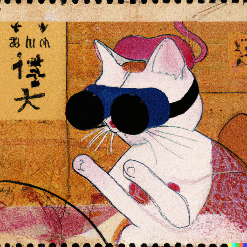 Prompt: Ukiyo-e painting of a cat hacker wearing VR headsets, on a postage stamp