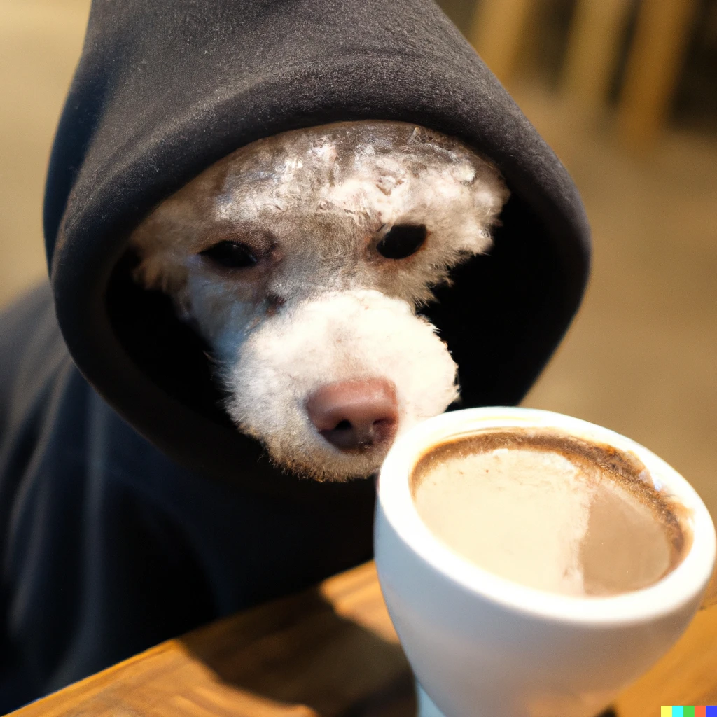 Prompt: Dog drinking coffee