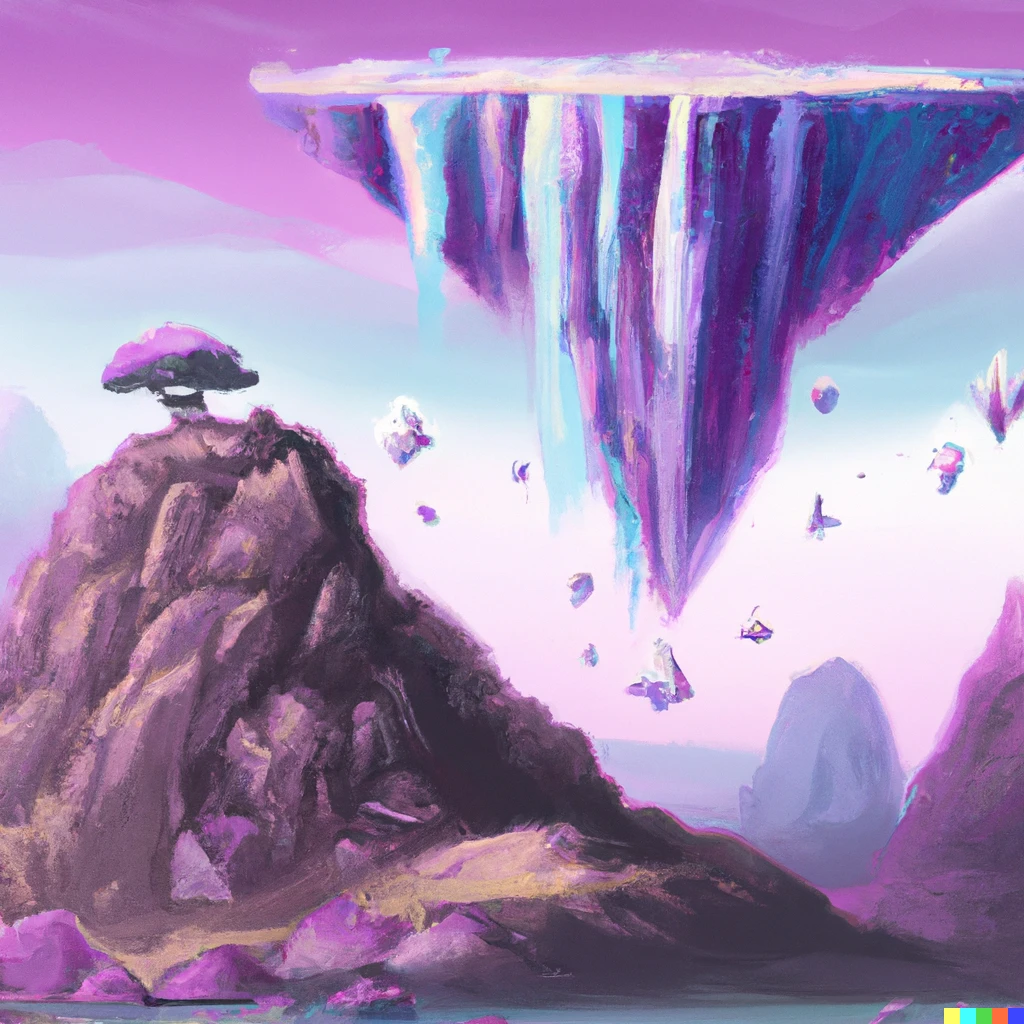 Prompt: A painting of Nature Scene with huge mountains. Big Crystals flying mid air, some have some floating rocks on them. Waterfall comming out of one the mountains. You can see a flying island in backgroud. the sky is purple. there is a tree on the right site of the painting | 159