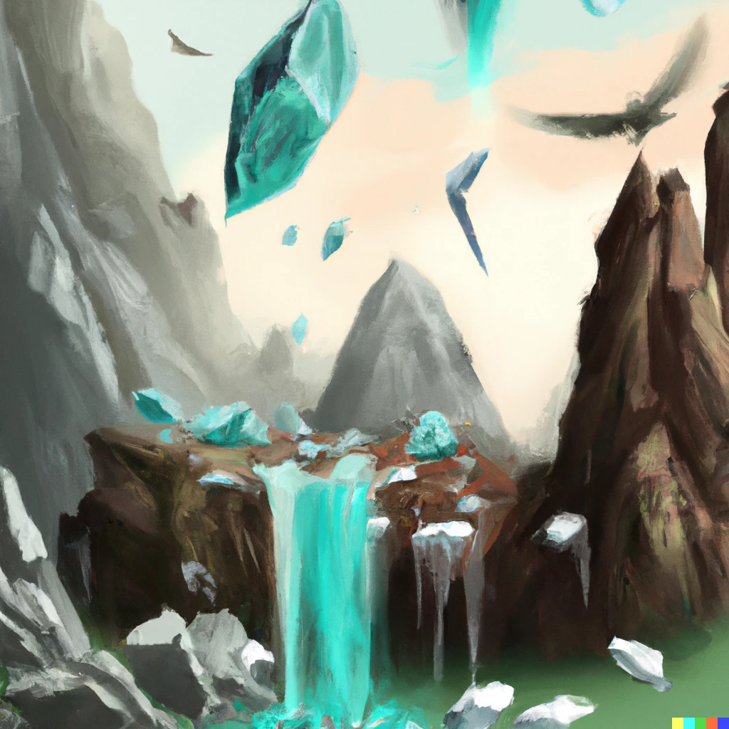 Prompt: A painting of Nature Scene with huge mountains. Big Crystals flying mid air, some have some floating rocks on them. Waterfall comming out of one the mountains. 