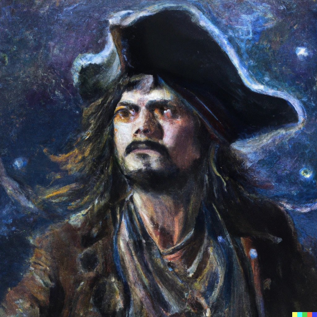 Prompt: Stunning oil painting of pirate Captain Jack Sparrow in outer space by Rembrandt 