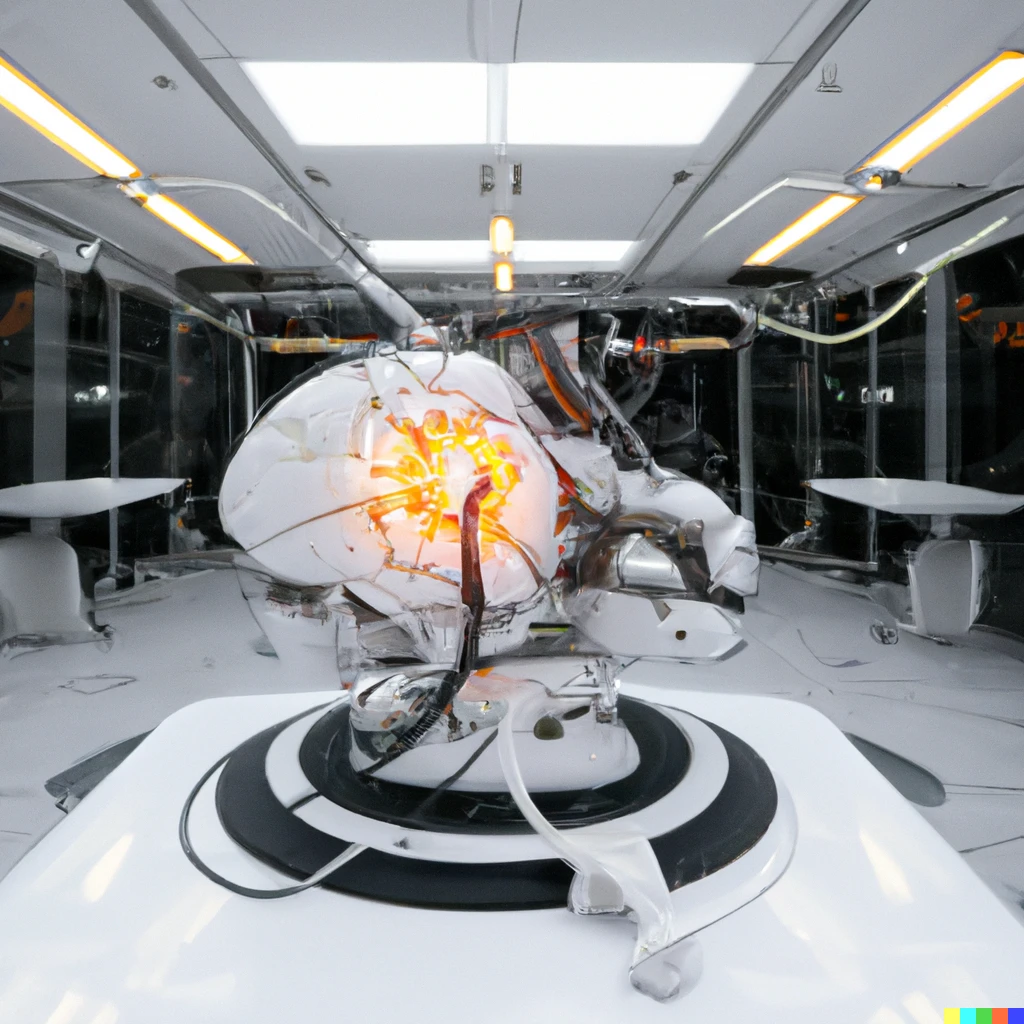 Prompt: Neurosurgery performed by a large robot platform on the floor with robotic arms , while the brain can be seen through a transparent skull, using augmented reality to visualize anatomy, connected with a lot of cables, in a clean, white and futuristic environment, digital art