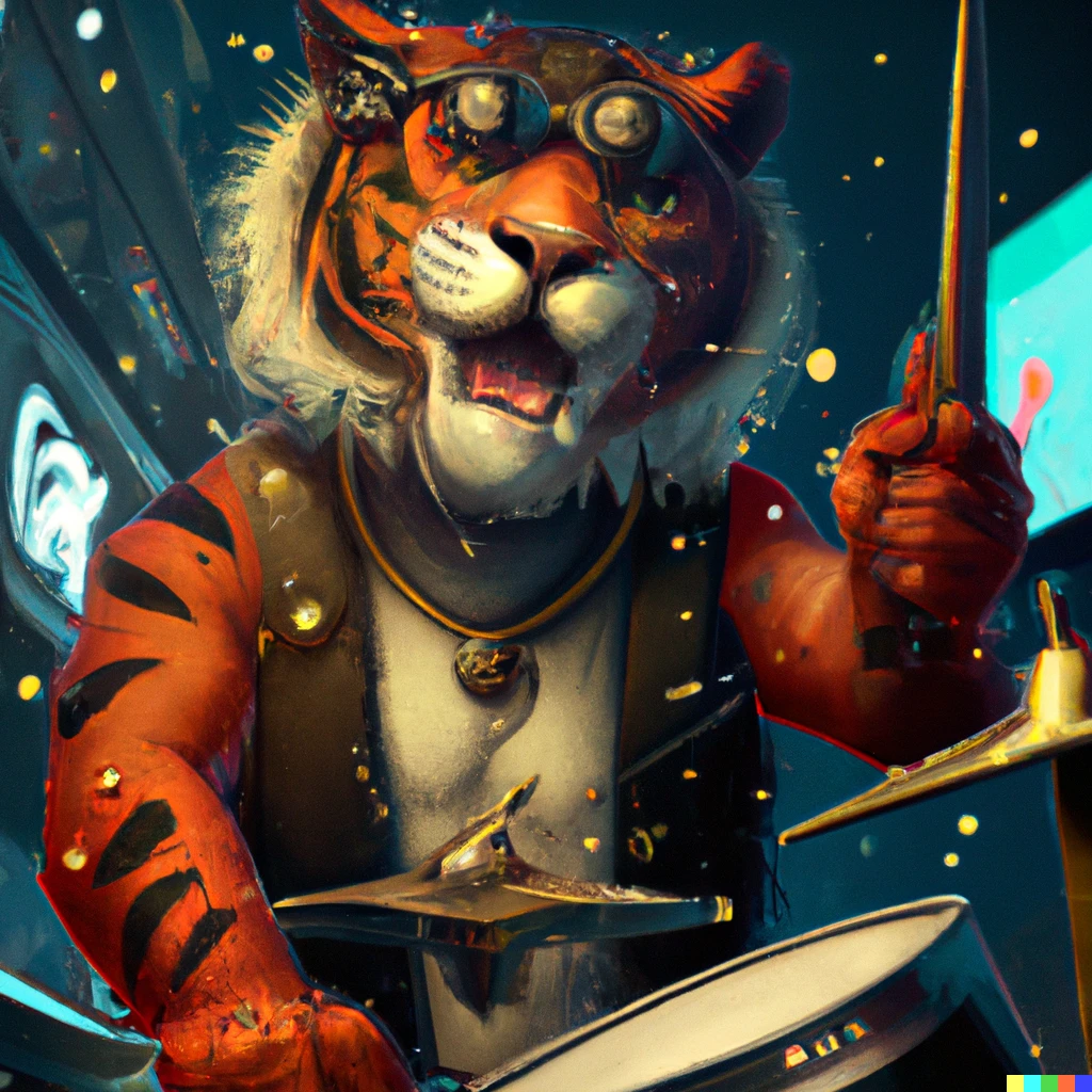 Prompt: a tiger dressed as a rockstar playing drums in Times Square, digital art