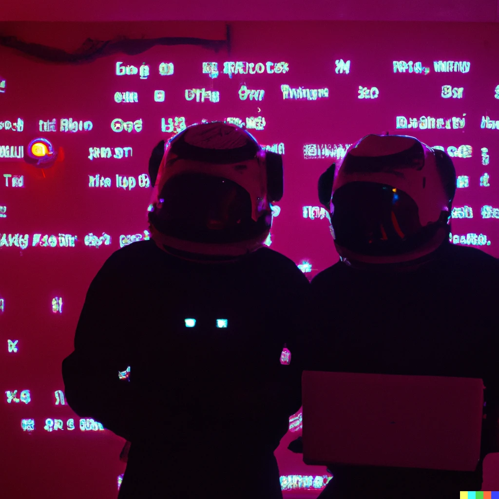 Prompt: A duo of live coders wearing space helmets, performing in an underground night club lit with neon light, code visible behind their backs on the wall