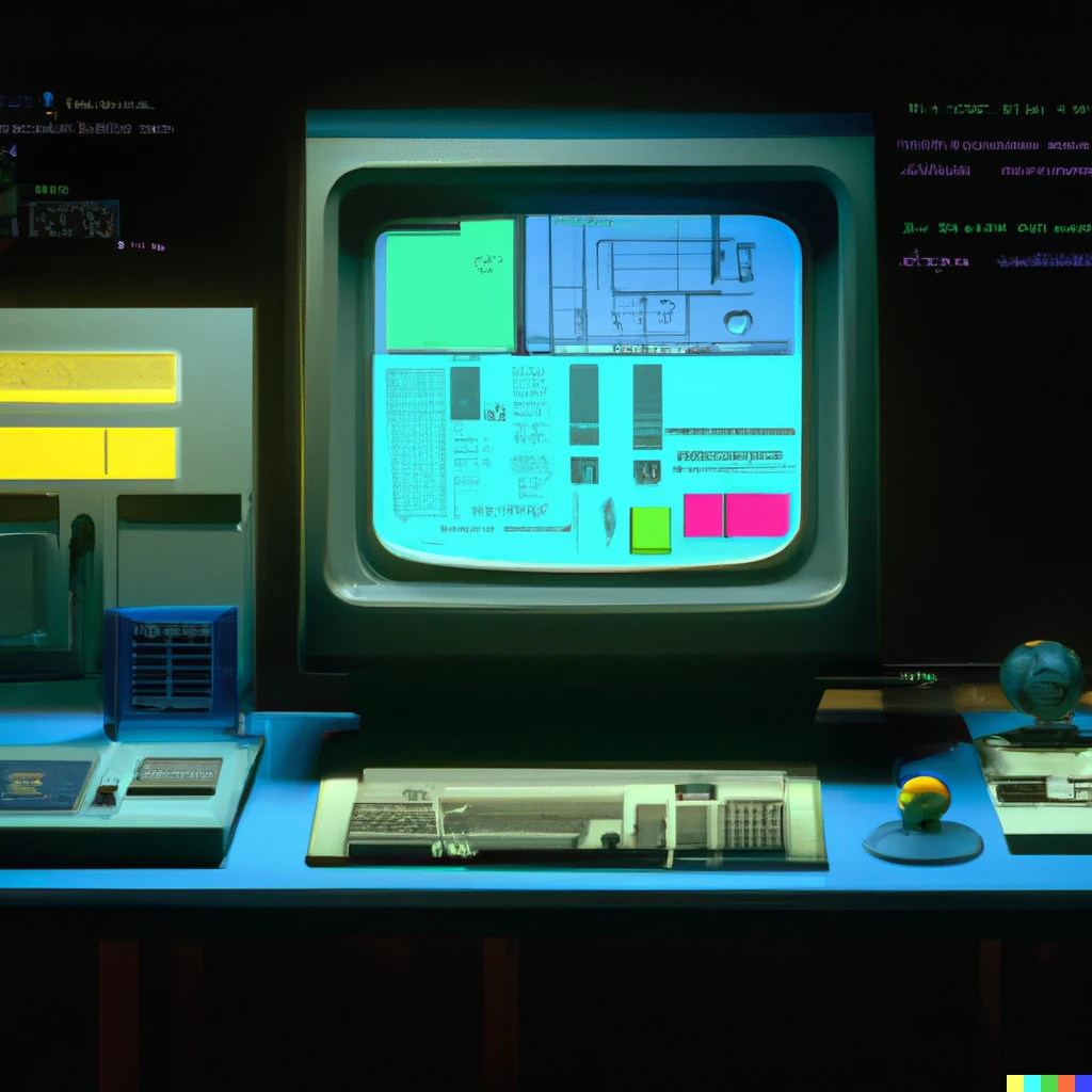 Prompt: Heuristic, Algorithmic Interactive Computing workstation from the 80ties, photorealistic