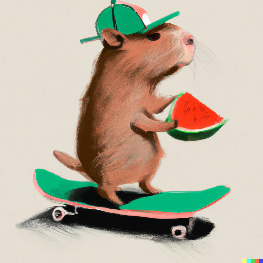 Prompt: a capybara eating a watermelon while standing on a skateboard, photorealistic