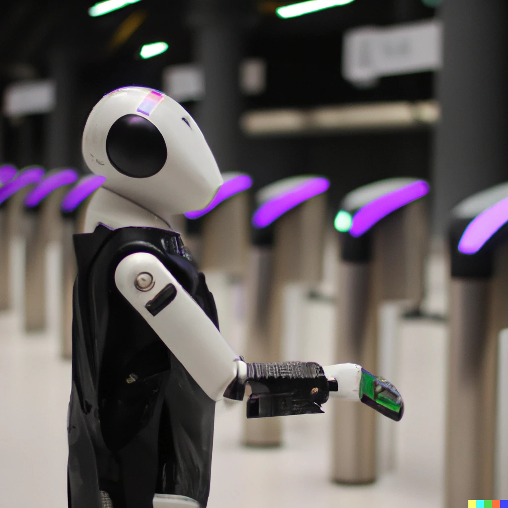 Prompt: a close up photograph of a robot ticket officer walking through an Elizabeth line station