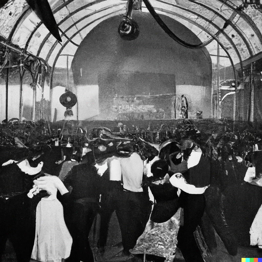 Prompt: Monochrome 35mm photograph of crowds dancing to a Jamaican  sound system in the Crystal Palace Great Exhibition in 1851