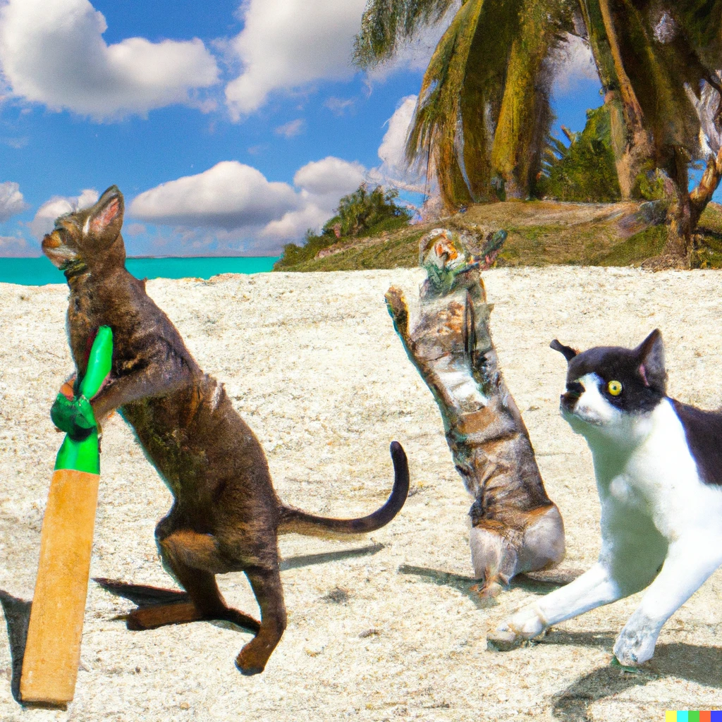 Prompt: cats playing cricket in the west indies on a sunny bright beach
