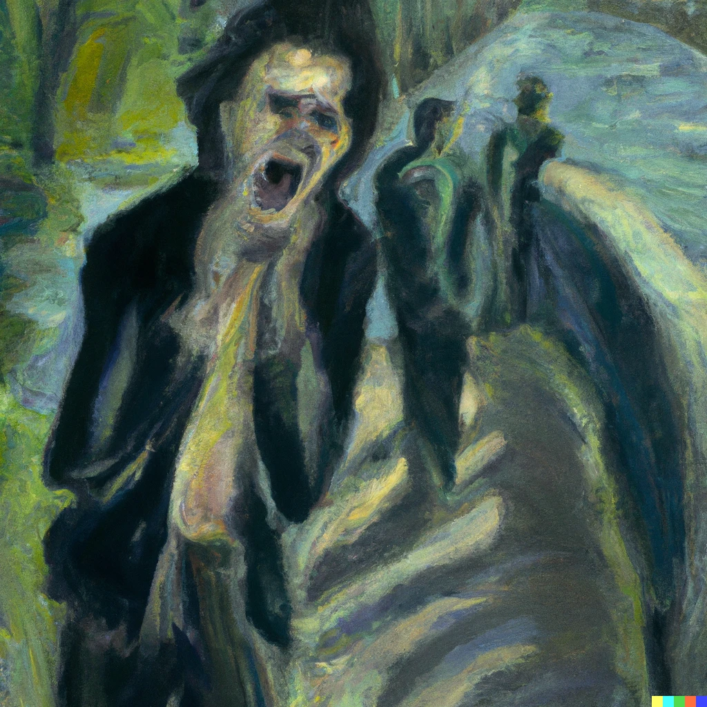 Prompt: painting of an androgynous figure who appears to be in anguish and despair with his hands on his face and his mouth open as if he is screaming and looking at the viewer on a bridge where there are two people walking in the background in the style of wavy and shadowy strokes, oil painting