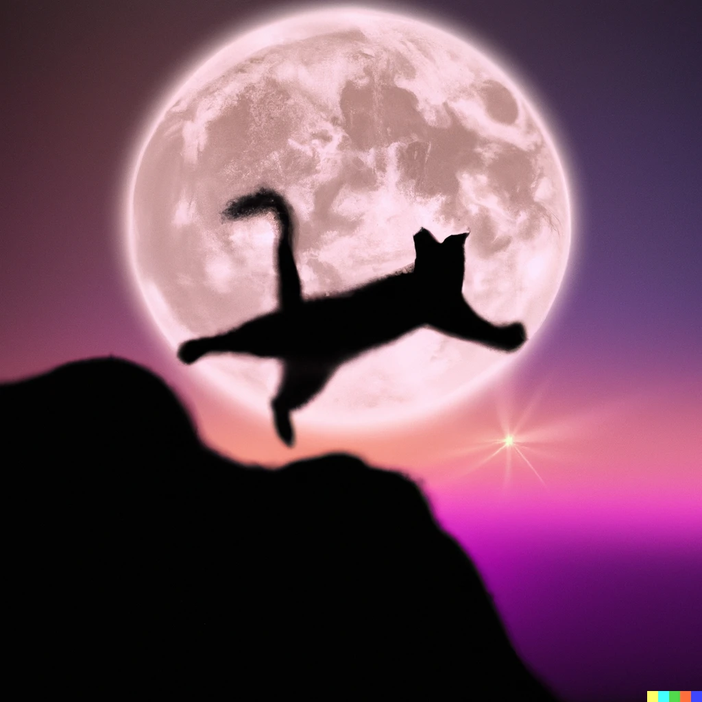 Prompt: Cat jumps with a super moon in the background digital art


