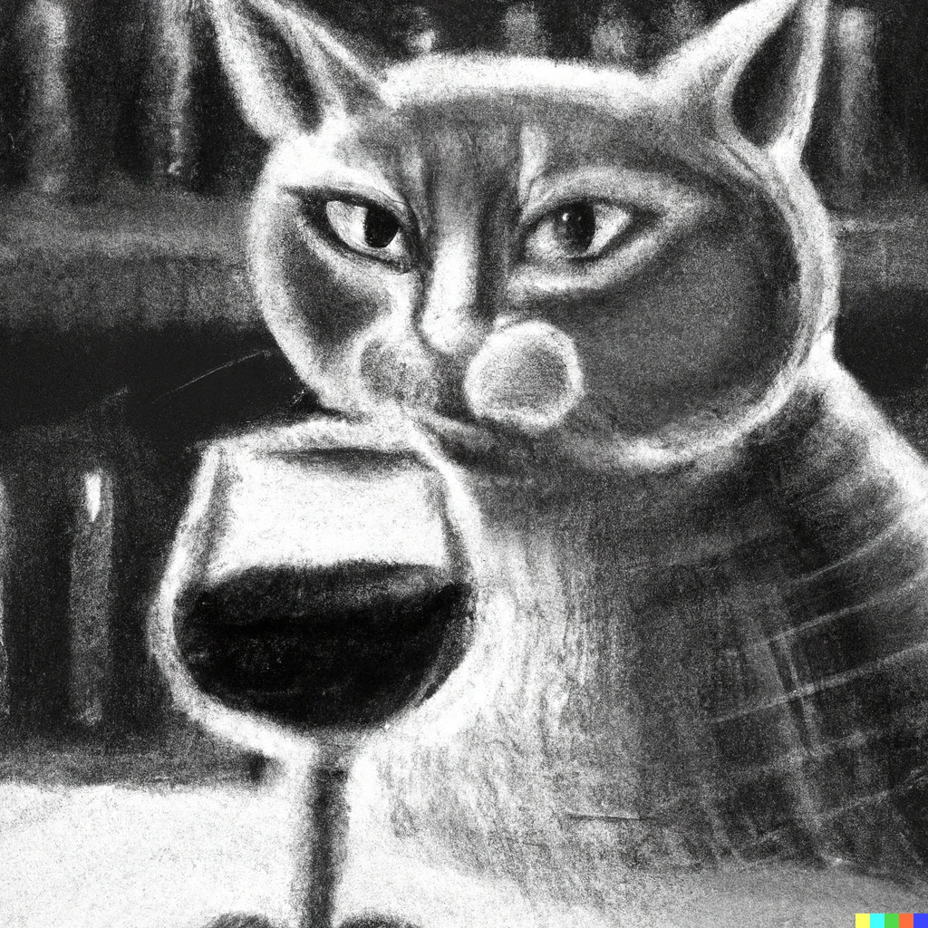 Prompt: Cat drinks wine in a bar. Face zoom. Sketching style