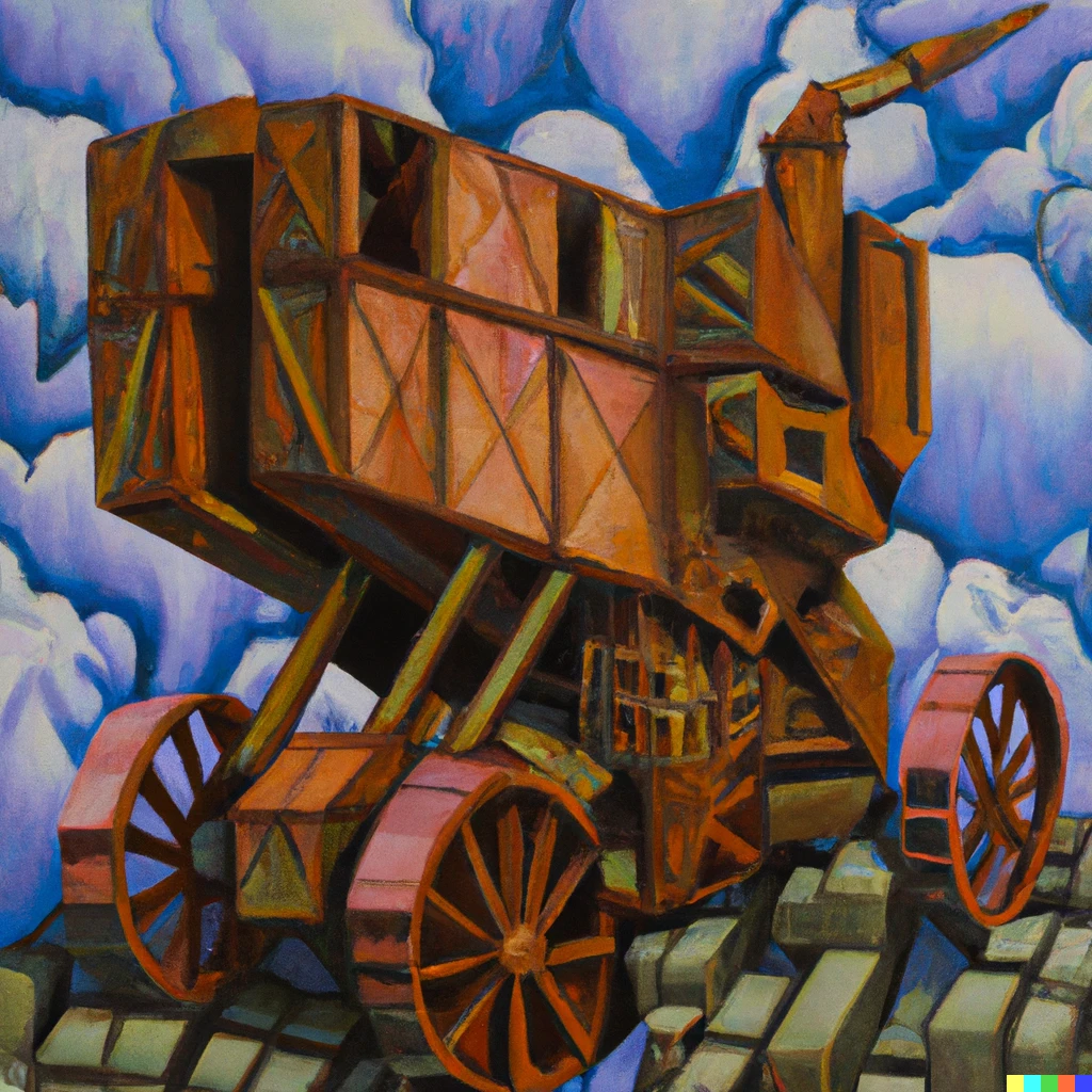 Prompt: a cubist paint about victorian war machinery 