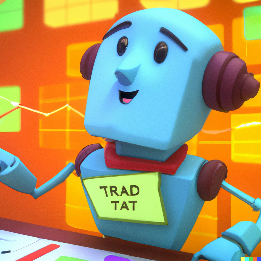 Prompt: A scene from Pixar animation: cute looking RoboAdvisor directing humans to trade stocks