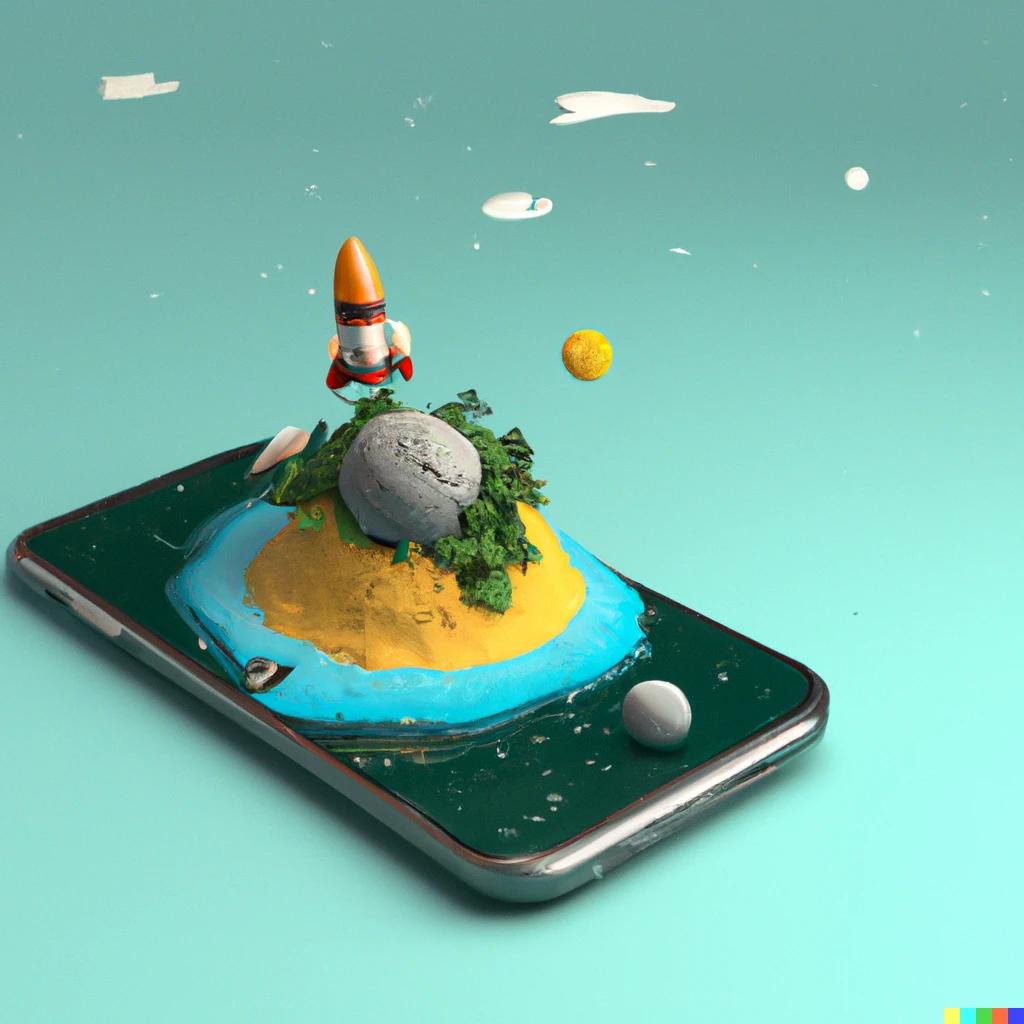 Prompt: Space Travel on Smartphone Island, 3d rendering