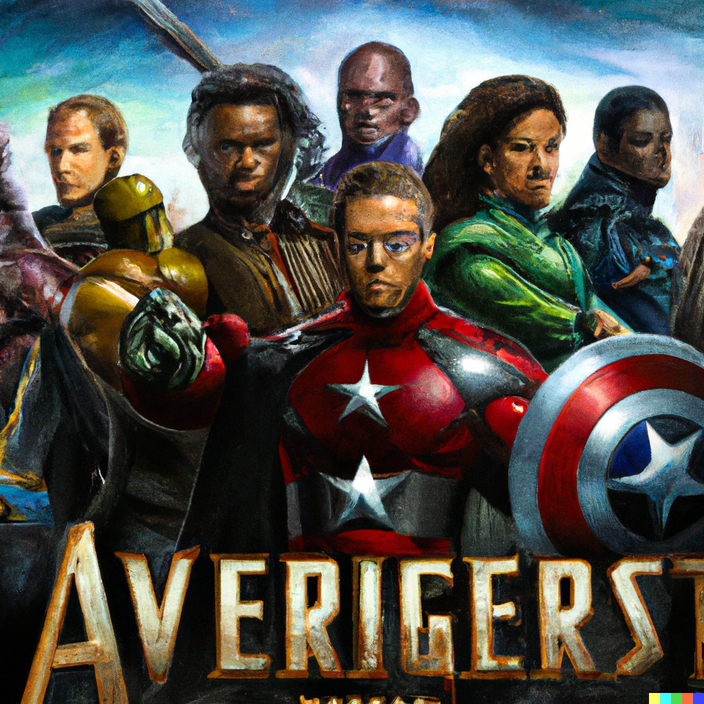 Prompt: The Avengers poster, made up of non-mainstream race. Oil painting, 1664