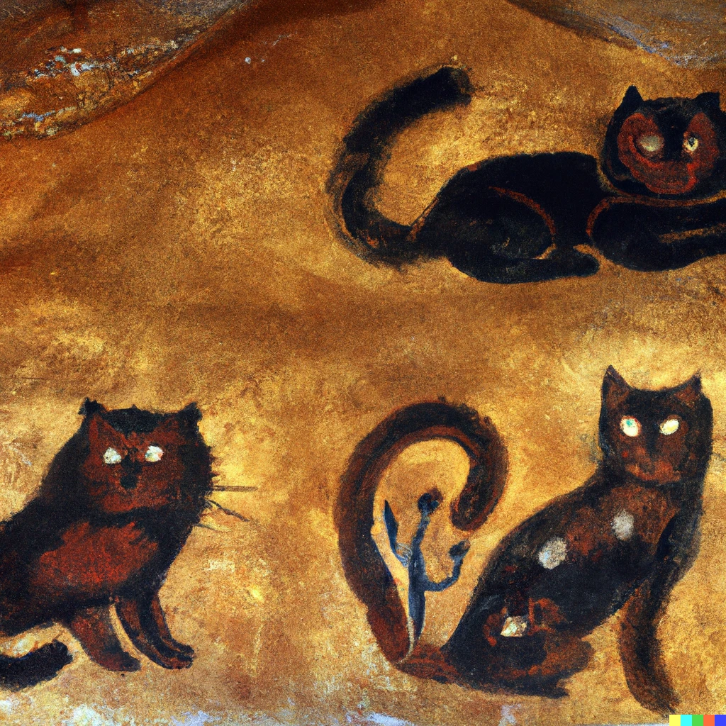 Prompt: "black cat, brown cat, Norwegian Forest cat" in ancient cave paintings