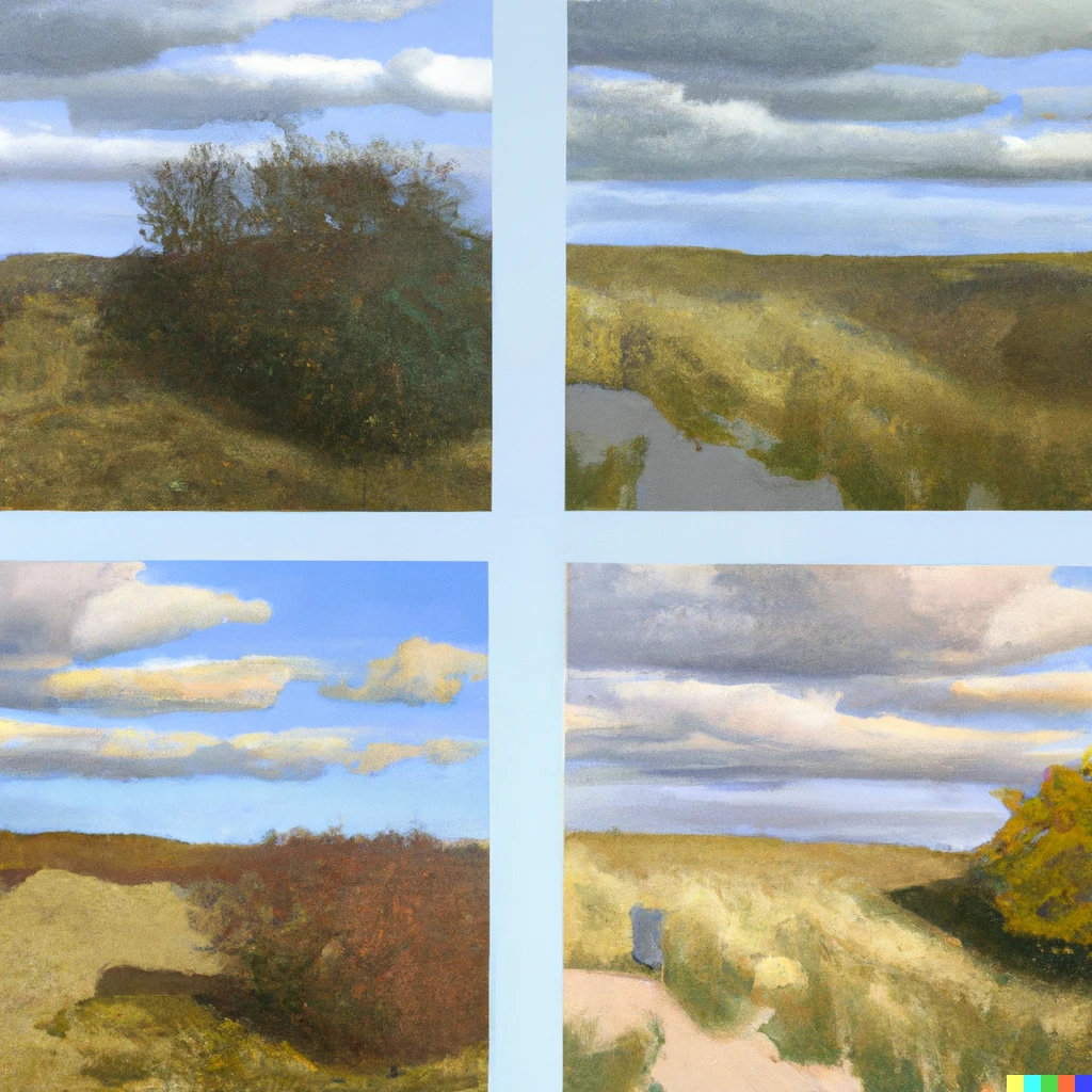 Prompt: Netherlands dunes in the Autumn painted by David Hockney