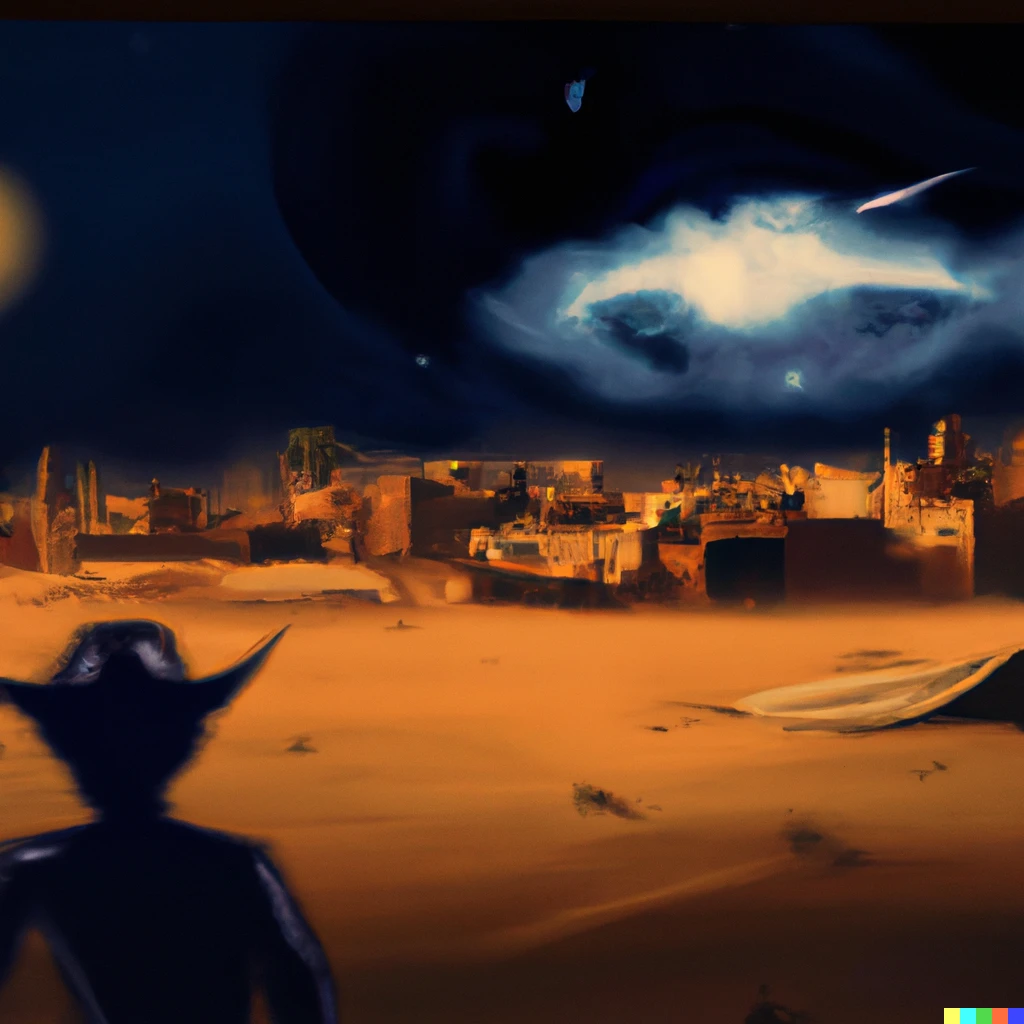 Prompt: View of a city with in the desert being bombarded by alien ships during the night, the atmosphere is misty and dark. A man with a desert cape is looking at the moon exploding . Painting style. 