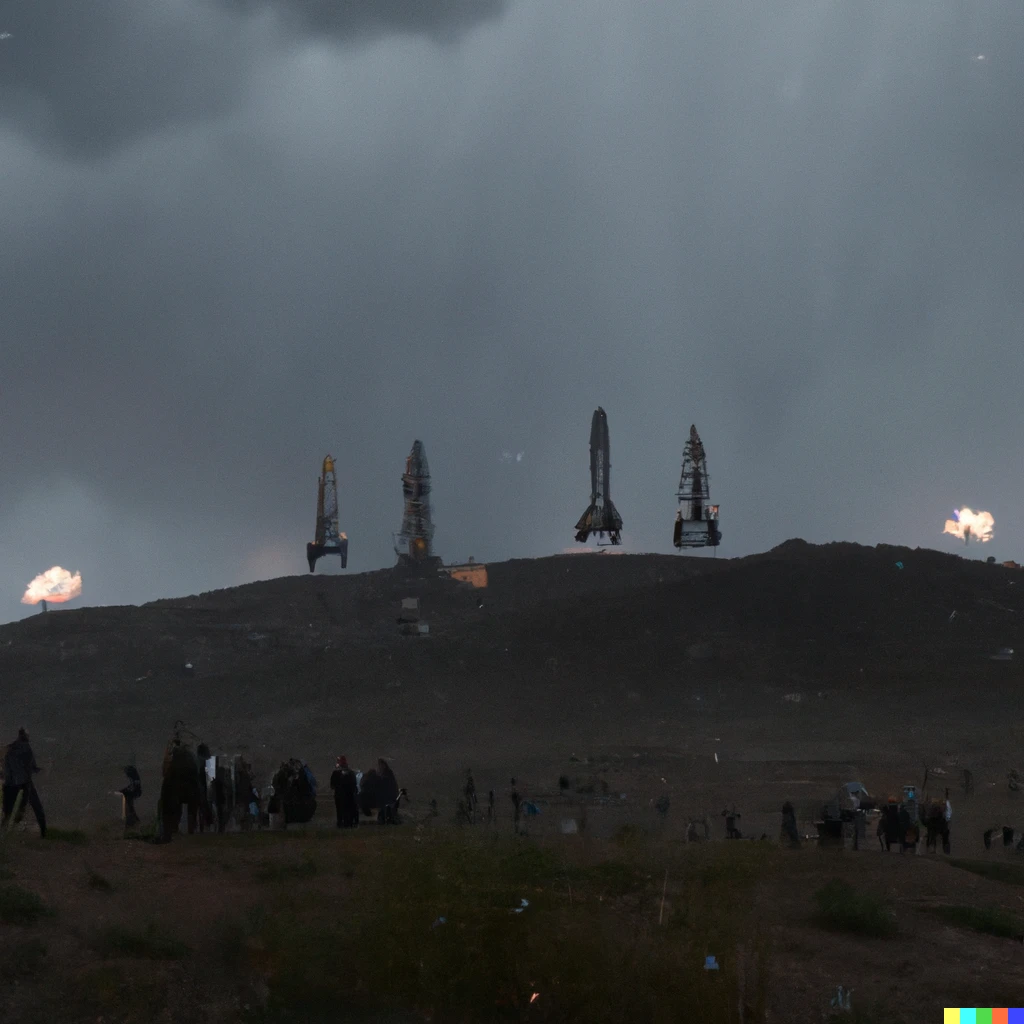 Prompt: People watching from a hill several SpaceX spaceships launching into space from a desert-like place with abandoned low height buildings in sight. The sky is gray, full of clouds and its raining. Some spaceships are blasting through the clouds while others are still launching. Unreal Engine,realistic
