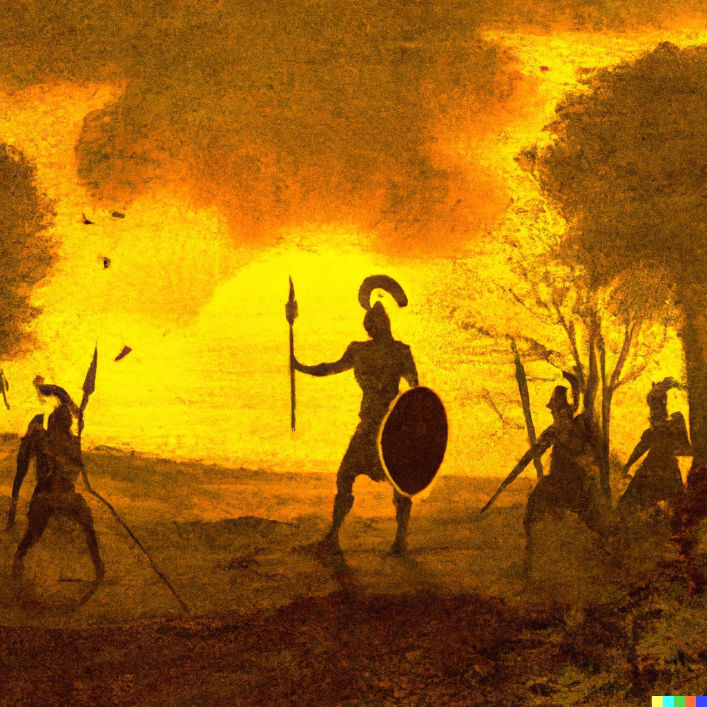 Prompt: Vintage postcard of Leonidas carrying a sword placed in front of his spartan fellow warriors. The ground has a deep dark orange color along with some short trees on the sides. The sky has a dark yellow shade, its misty and the sun rays are struggling to get through the clouds and mist.
