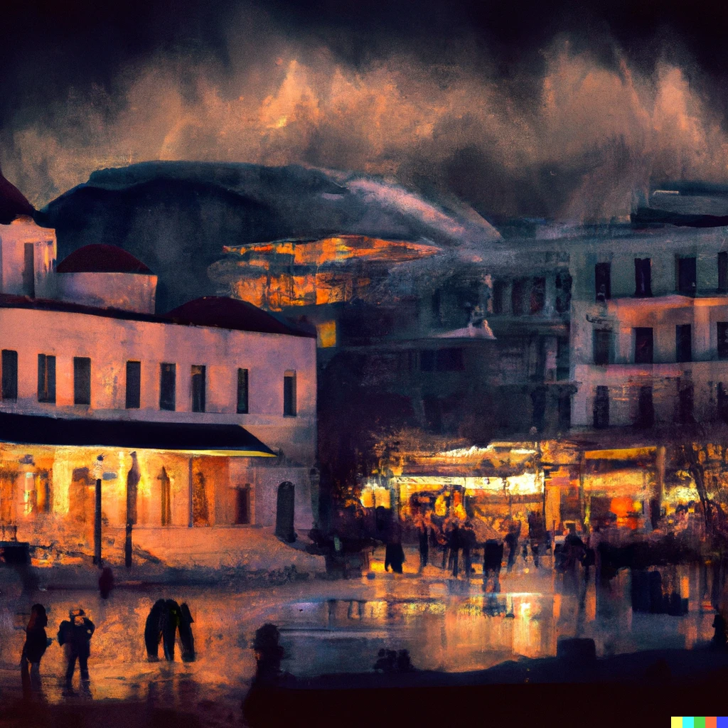 Prompt: Monastiraki square but with futuristic buildings instead. Evening, raining, vintage painting style.