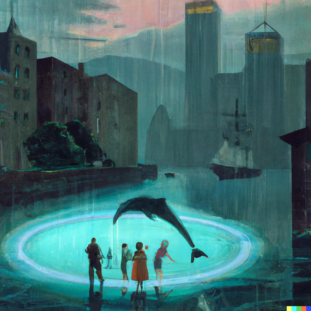 Prompt: retro futuristic style painting of people watching a 3D hologram in the air of a dolphin . The hologram is placed in the center of circular square and has a smooth blue light and makes the dolphin semi-transparent. Evening time with the sky being gray, and its raining. Around the square you can see  some low buildings.