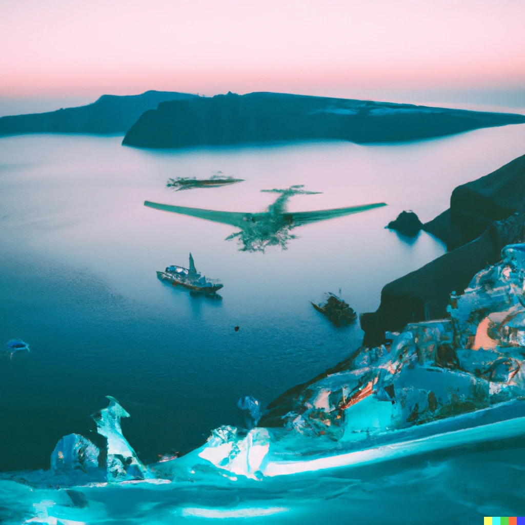 Prompt: Aerial Retro futuristic view of a summer evening Santorini, Greece. The walking alleys of the island showcase 3D holograms of dolphins that people are noticing as they walk by. Several X-Wing star wars planes are landing in the background,at a lower height