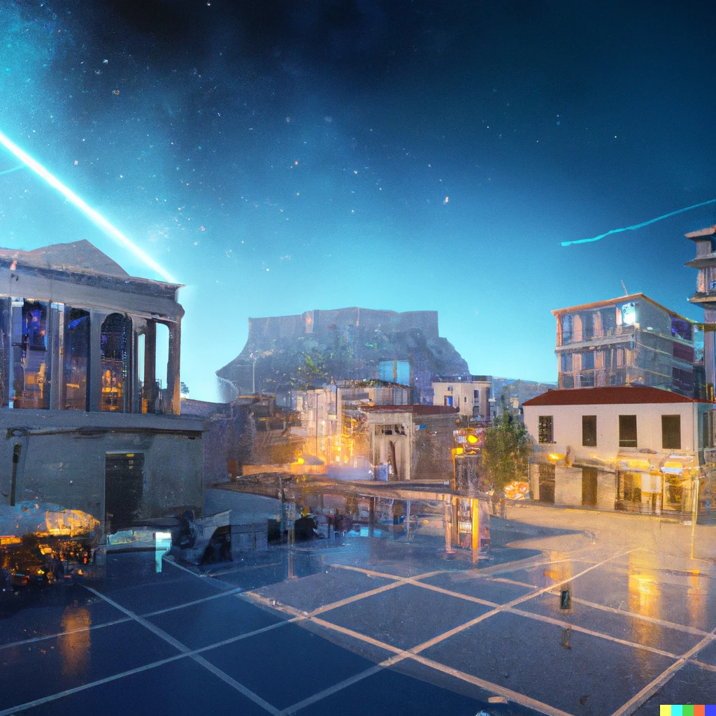 Prompt: Monastiraki square but with low height modern buildings instead. The parthenon looks slight bigger than normal in the background, a comet emitting a blue is heading towards the surface, people are panicking.Unreal Engine style